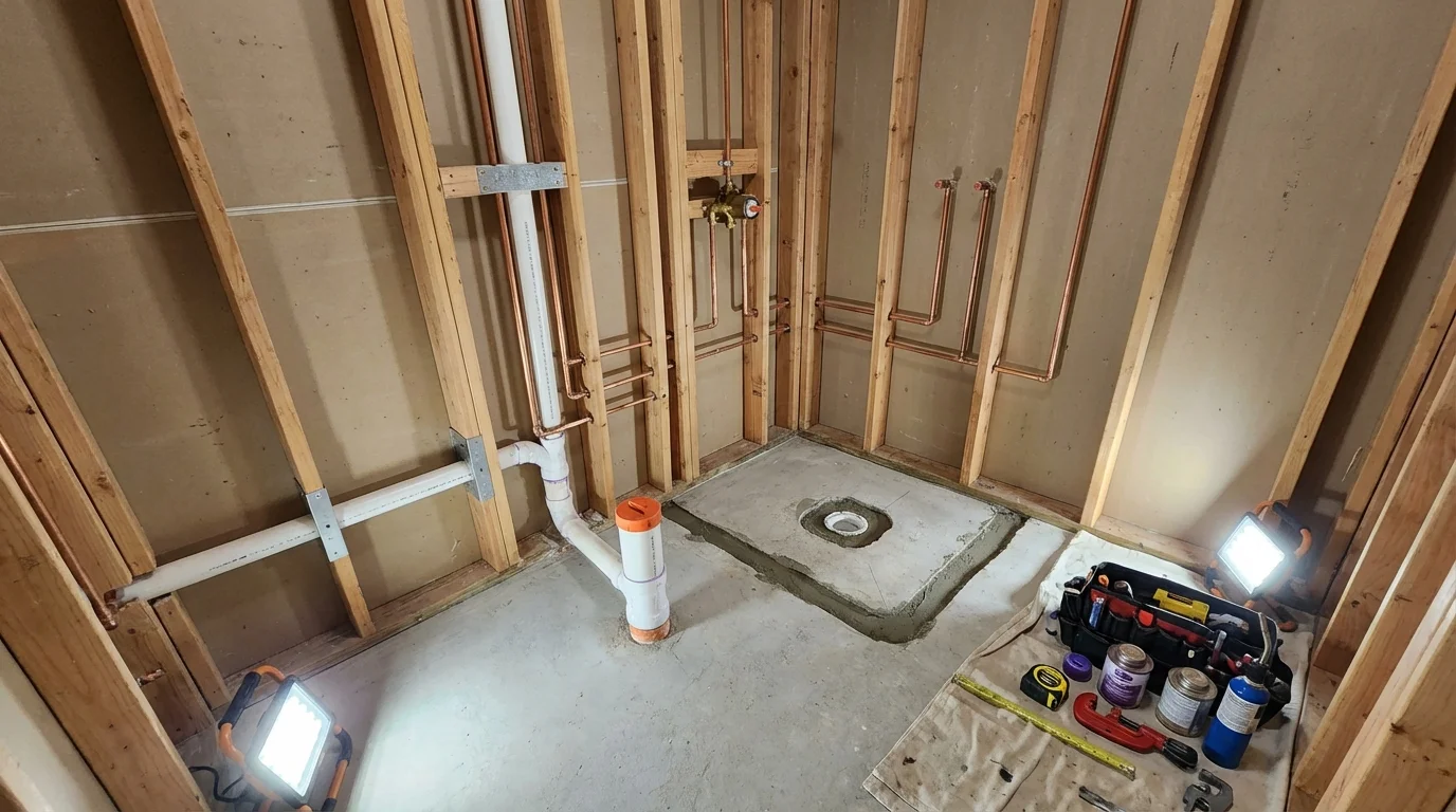 Bathroom rough-in plumbing during remodel by Johns Plumbing LLC in East Chicago