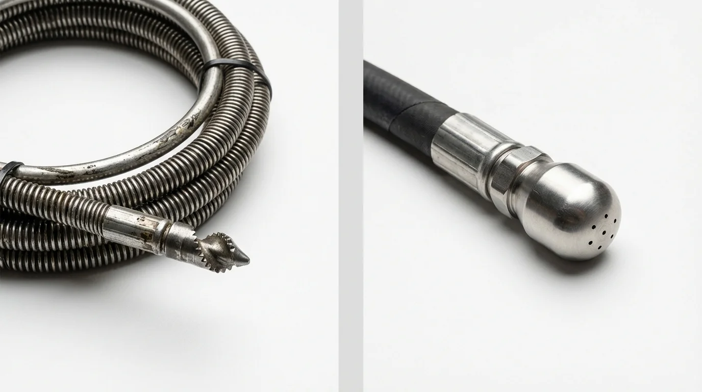 Drain snake cable and hydro jetting nozzle used for drain cleaning in East Chicago, IN