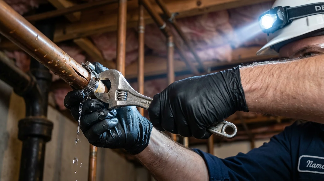 Emergency pipe clamp repair being performed by a Johns Plumbing LLC plumber in East Chicago