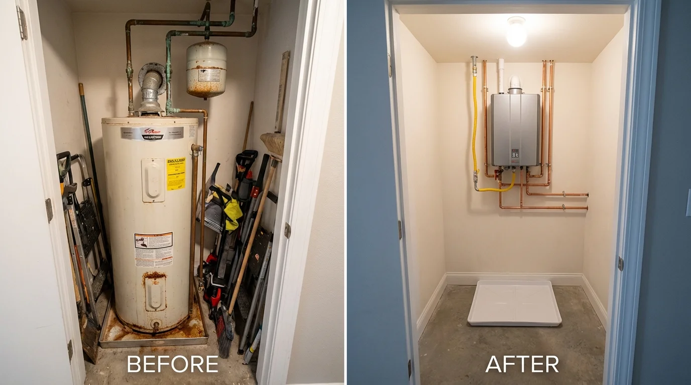Tank water heater versus wall-mounted tankless unit comparison for East Chicago, IN homeowners
