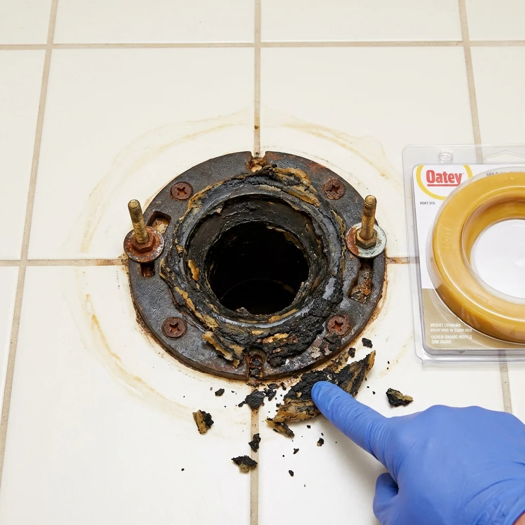 Failed wax ring showing water seepage at the base of a toilet in a East Chicago, IN home