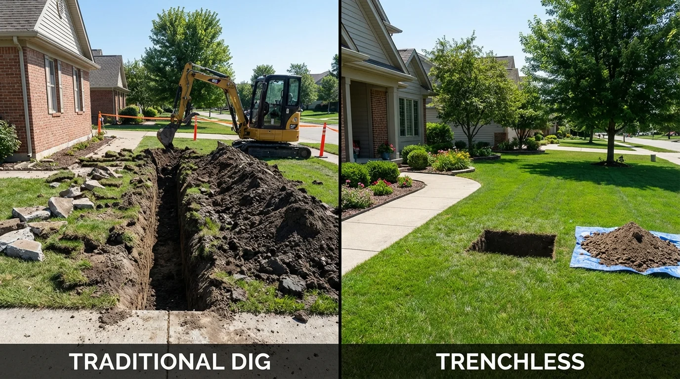 Trenchless sewer repair with minimal yard damage versus traditional excavation in East Chicago, IN