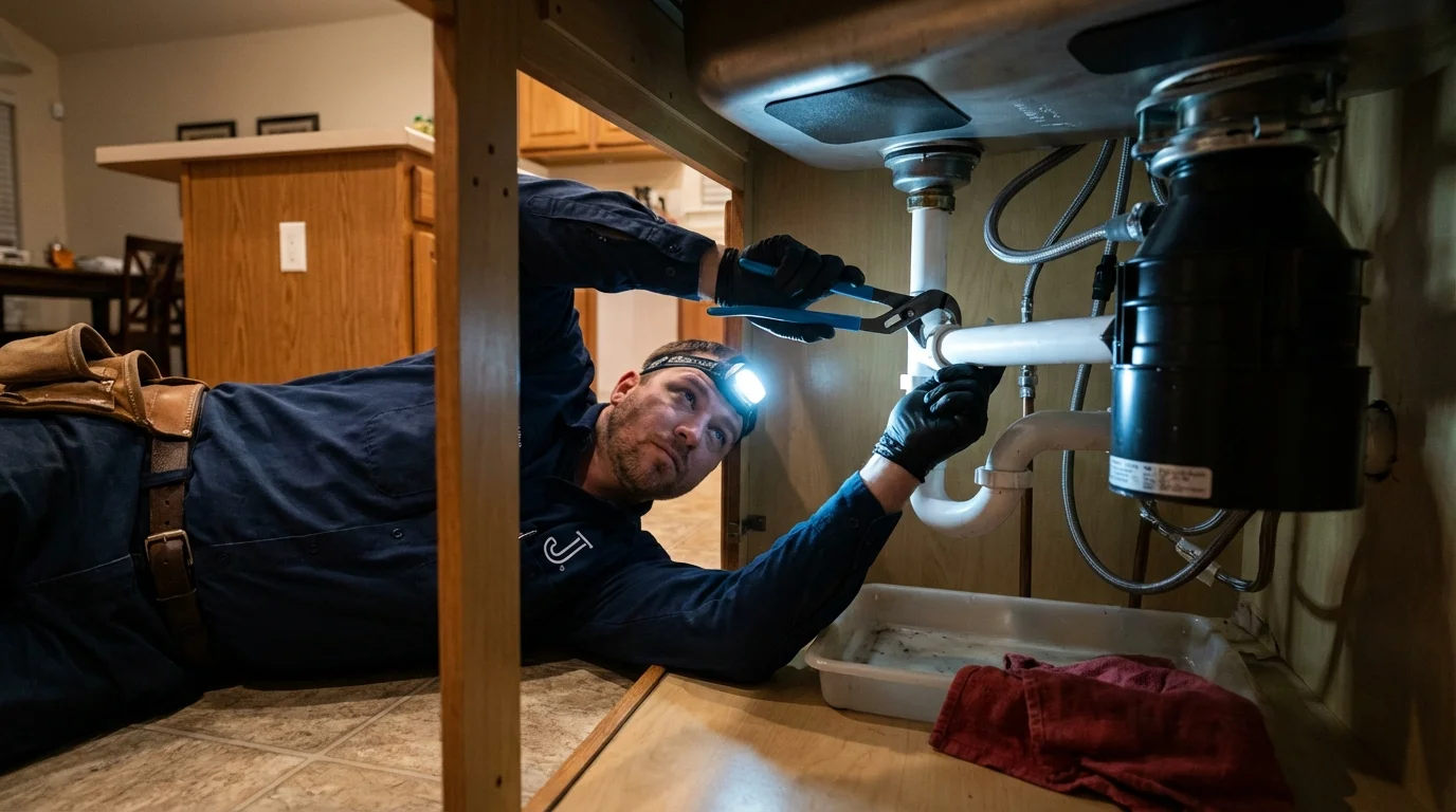 P-trap and supply line connections under a kitchen sink showing a common leak point in East Chicago, IN